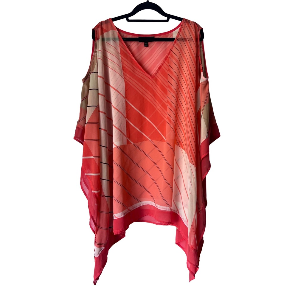 Lane Bryant Womens 22/24 Coral‎ Geometric Cold Shoulder Handkerchief Poncho Top